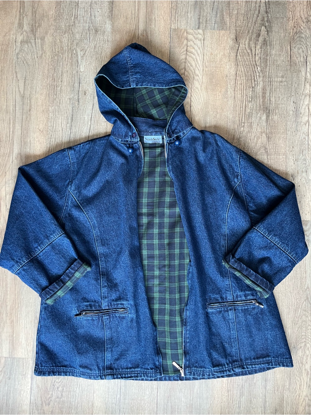 NorthStyle Dark Blue Denim Jacket with Green Plaid Lining